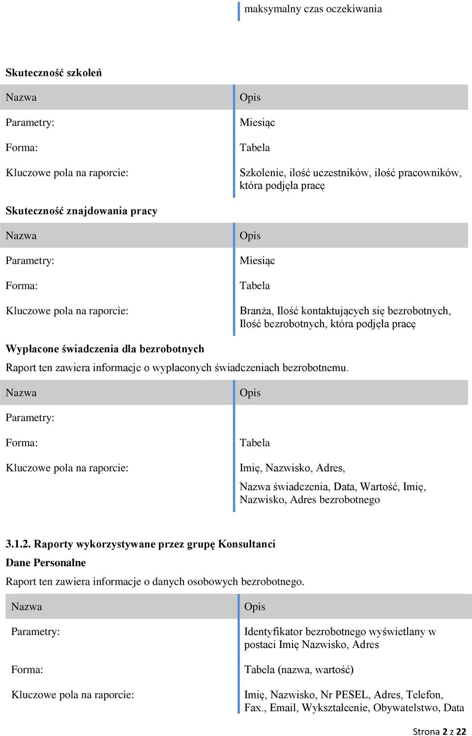świadczeniach bezrobotnemu. Tabela Imię, Nazwisko, Adres, świadczenia, Data, Wartość, Imię, Nazwisko, Adres bezrobotnego 3.1.2.