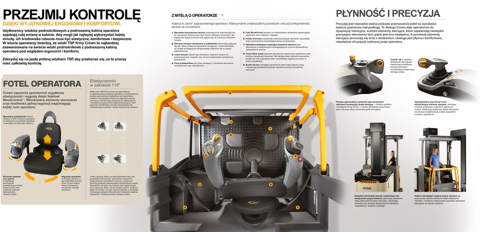 W istocie operatorzy twierdzą, że wózki TSP firmy Crown to najbardziej zaawansowane na świecie wózki podnośnikowe z podnoszoną kabiną operatora pod względem ergonomii i komfortu.