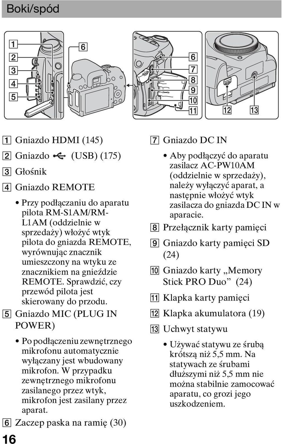 E Gniazdo MIC (PLUG IN POWER) Po podłączeniu zewnętrznego mikrofonu automatycznie wyłączany jest wbudowany mikrofon.