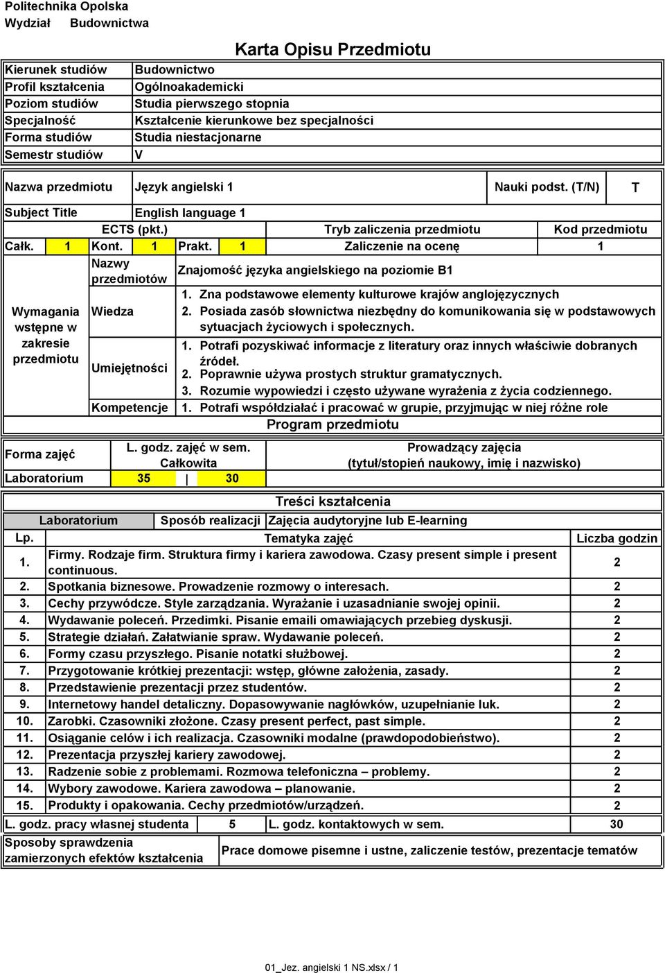 ) Tryb zaliczenia przedmiotu Kod przedmiotu Całk. Kont. Prakt. Zaliczenie na ocenę Nazwy Znajomość języka angielskiego na poziomie B przedmiotów Wymagania wstępne w zakresie przedmiotu L. godz.