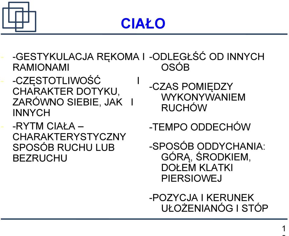 BEZRUCHU -ODLEGŁŚĆ OD INNYCH OSÓB -CZAS POMIĘDZY WYKONYWANIEM RUCHÓW -TEMPO ODDECHÓW