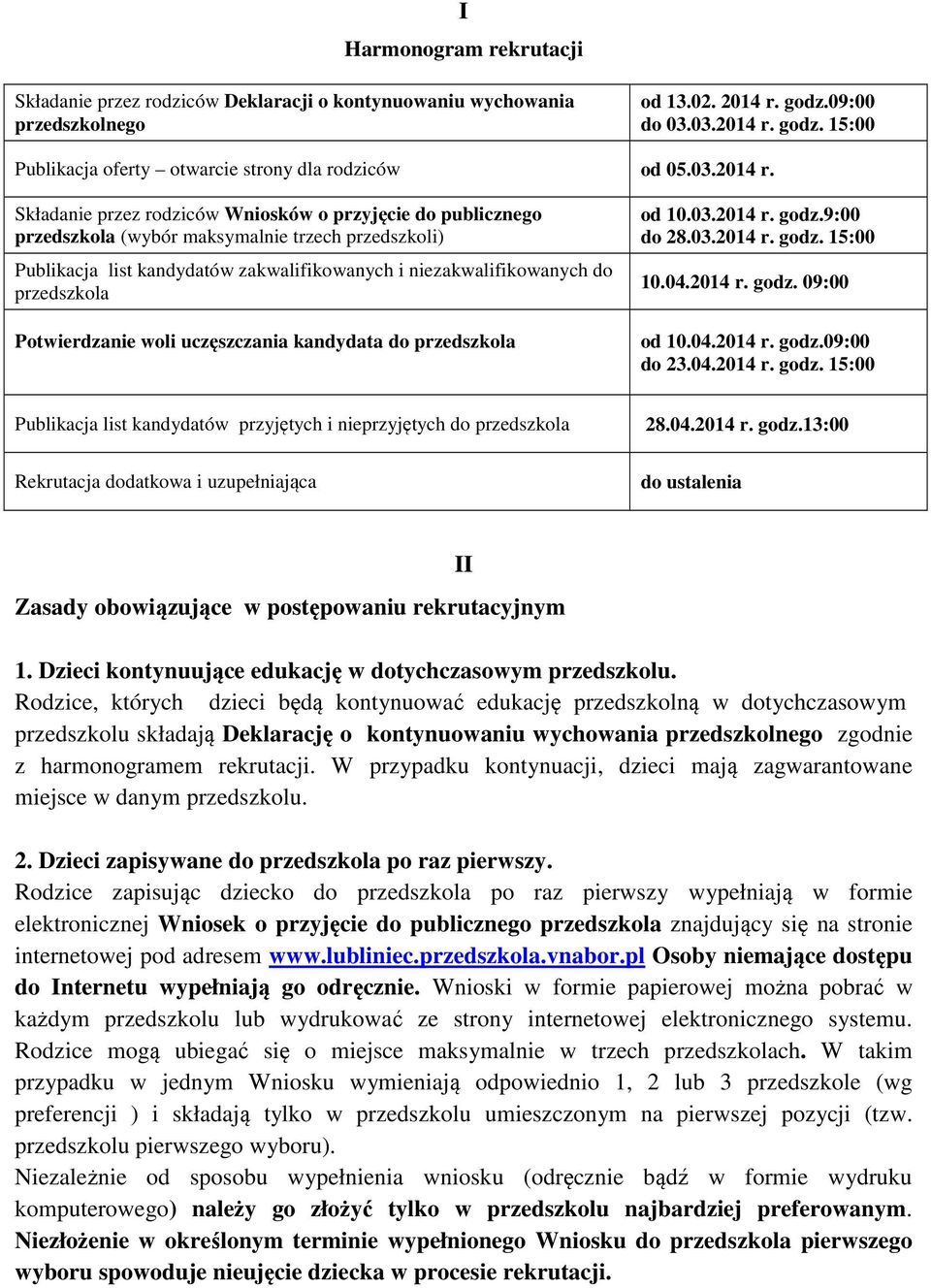 Składanie przez rodziców Wniosków o przyjęcie do publicznego przedszkola (wybór maksymalnie trzech przedszkoli) Publikacja list kandydatów zakwalifikowanych i niezakwalifikowanych do przedszkola