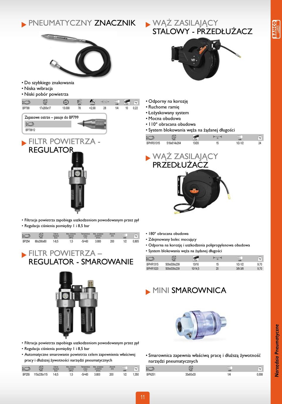 blokowania węża na żądanej długości BPHRS1315 519x614x264 13/20 15 1/2-1/2 24 WĄŻ ZASILAJĄCY PRZEDŁUŻACZ m Filtracja powietrza zapobiega uszkodzeniom powodowanym przez pył Regulacja ciśnienia