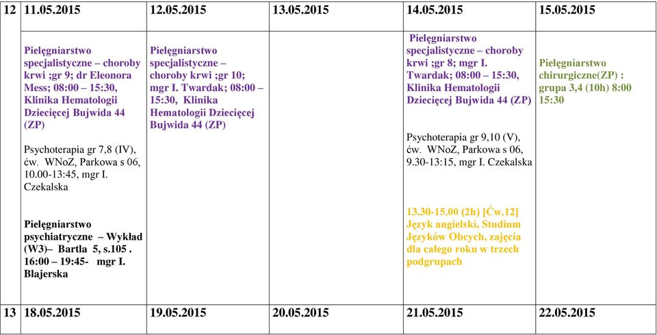 Twardak; 08:00, Klinika Hematologii Dziecięcej Bujwida 44 (ZP) krwi ;gr 8; mgr I.