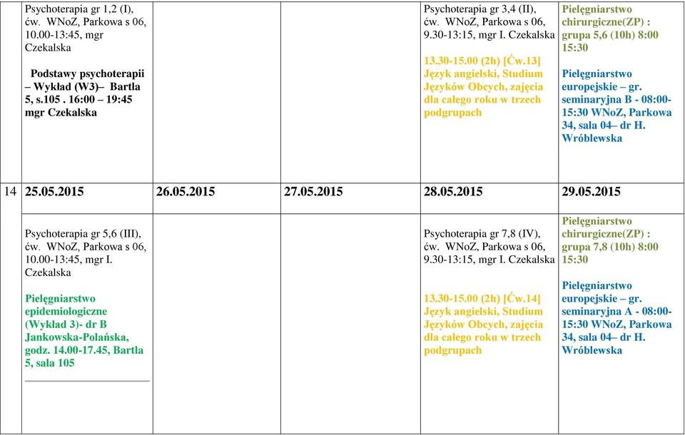 05.2015 Psychoterapia gr 5,6 (III), 10.00-13:45, mgr I. epidemiologiczne (Wykład 3)- dr B Jankowska-Polańska, godz. 14.00-17.