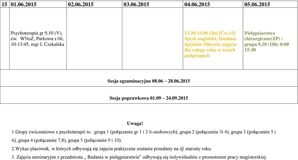 Grupy ćwiczeniowe z psychoterapii to : grupa 1 (połączenie gr 1 i 2 6-osobowych), grupa 2 (połączenie 3i 4), grupa 3 (połączenie 5 i 6), grupa 4 (połączenie