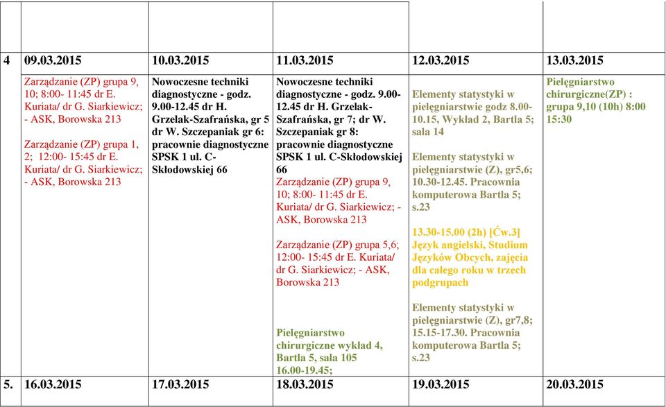 C-Skłodowskiej 66 Zarządzanie (ZP) grupa 9, 10; 8:00-11:45 dr E. - ASK, Zarządzanie (ZP) grupa 5,6; 12:00-15:45 dr E. Kuriata/ dr G. Siarkiewicz; - ASK, chirurgiczne wykład 4, Bartla 5, sala 105 16.