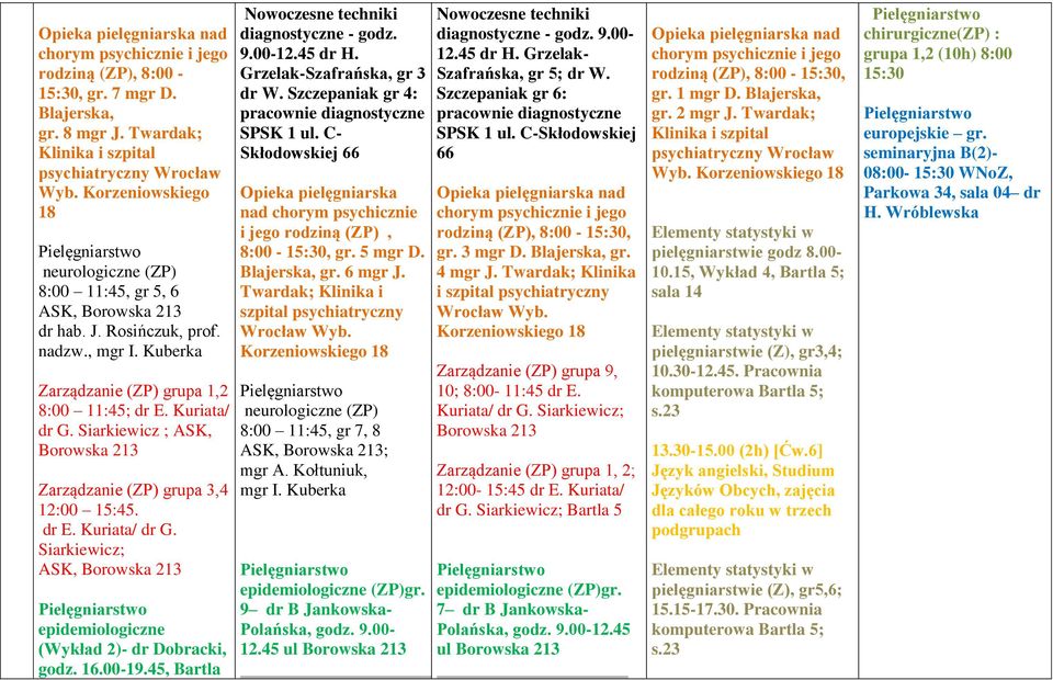 Siarkiewicz ; ASK, Zarządzanie (ZP) grupa 3,4 12:00 15:45. dr E. Kuriata/ dr G. Siarkiewicz; ASK, epidemiologiczne (Wykład 2)- dr Dobracki, godz. 16.00-19.45, Bartla diagnostyczne - godz. 9.00-12.