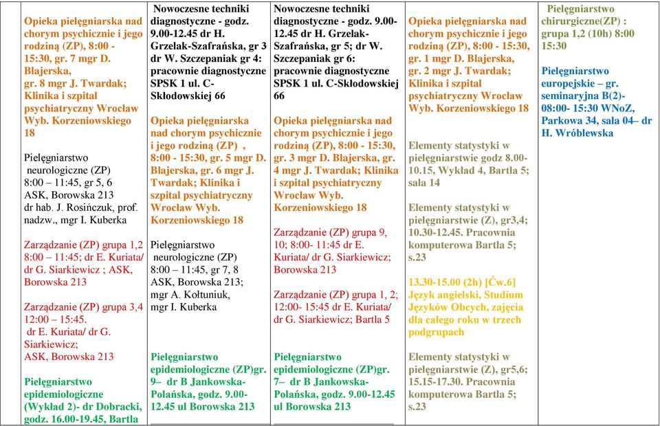 Siarkiewicz ; ASK, Zarządzanie (ZP) grupa 3,4 12:00 15:45. dr E. Kuriata/ dr G. Siarkiewicz; ASK, epidemiologiczne (Wykład 2)- dr Dobracki, godz. 16.00-19.45, Bartla diagnostyczne - godz. 9.00-12.