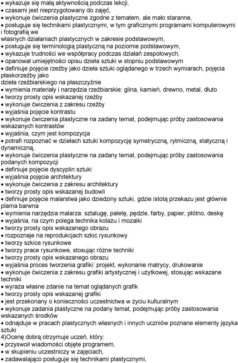 współpracy podczas działań zespołowych, opanował umiejętności opisu dzieła sztuki w stopniu podstawowym definiuje pojęcie rzeźby jako dzieła sztuki oglądanego w trzech wymiarach, pojęcia płaskorzeźby