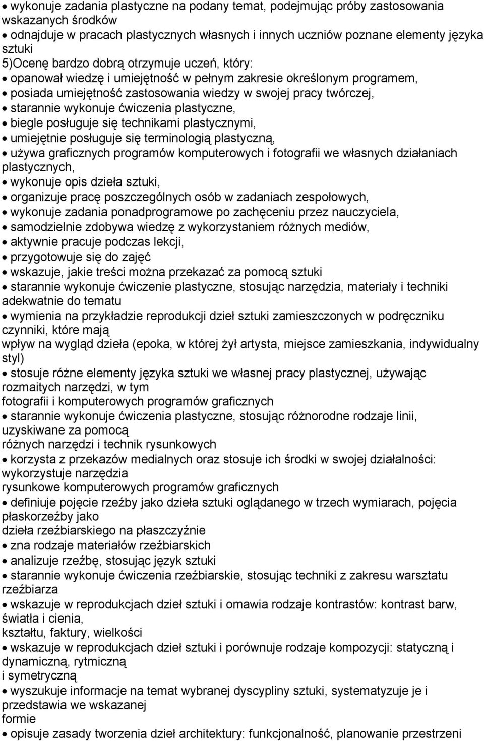 plastyczne, biegle posługuje się technikami plastycznymi, umiejętnie posługuje się terminologią plastyczną, używa graficznych programów komputerowych i fotografii we własnych działaniach