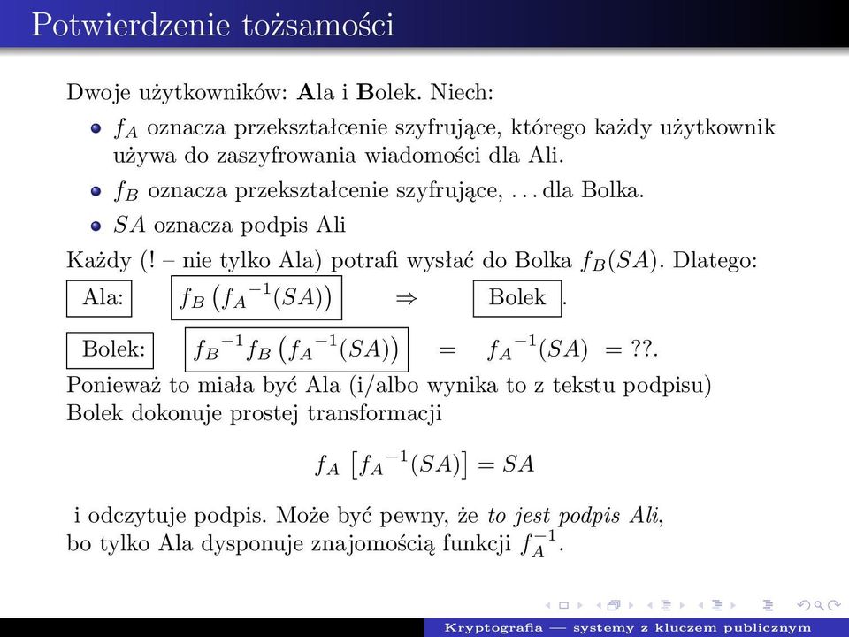.. dla Bolka. SA oznacza podpis Ali Każdy (! nie tylko Ala) potrafi wysłać do Bolka f B (SA). Dlatego: Ala: f B ( fa 1 (SA) ) Bolek.
