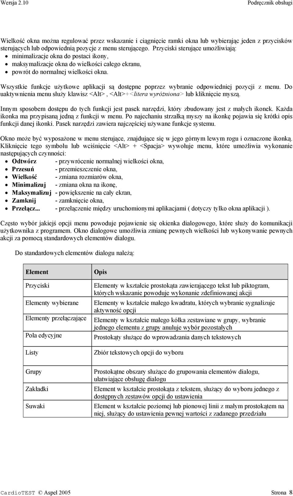 Wszystkie funkcje użytkowe aplikacji są dostępne poprzez wybranie odpowiedniej pozycji z menu. Do uaktywnienia menu służy klawisz <Alt>, <Alt>+<litera wyróżniona> lub kliknięcie myszą.