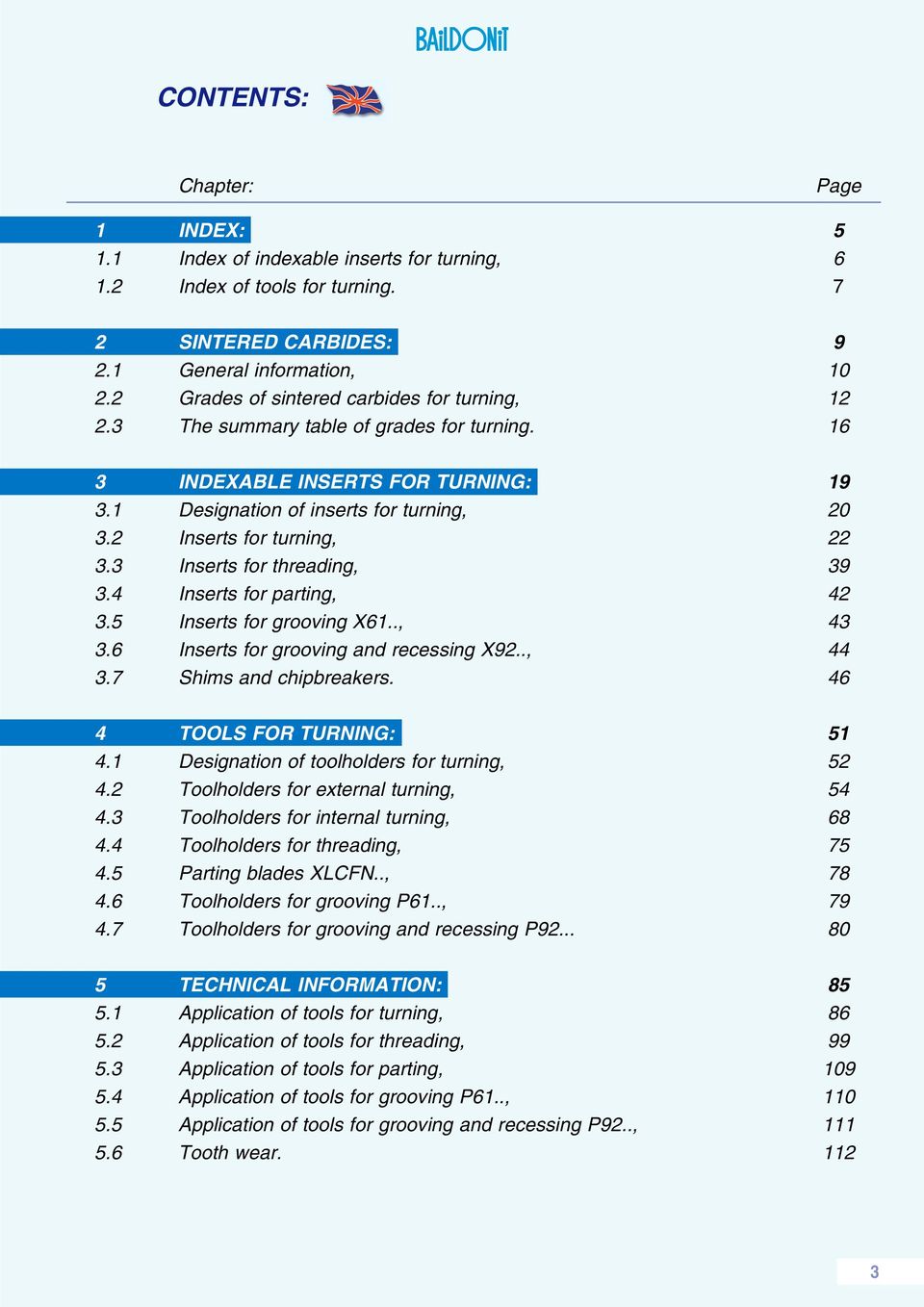 2 Inserts for turning, 22 3.3 Inserts for treading, 39 3.4 Inserts for parting, 42 3.5 Inserts for grooving X61.., 43 3.6 Inserts for grooving and recessing X92.., 44 3.7 Sims and cipbreakers.