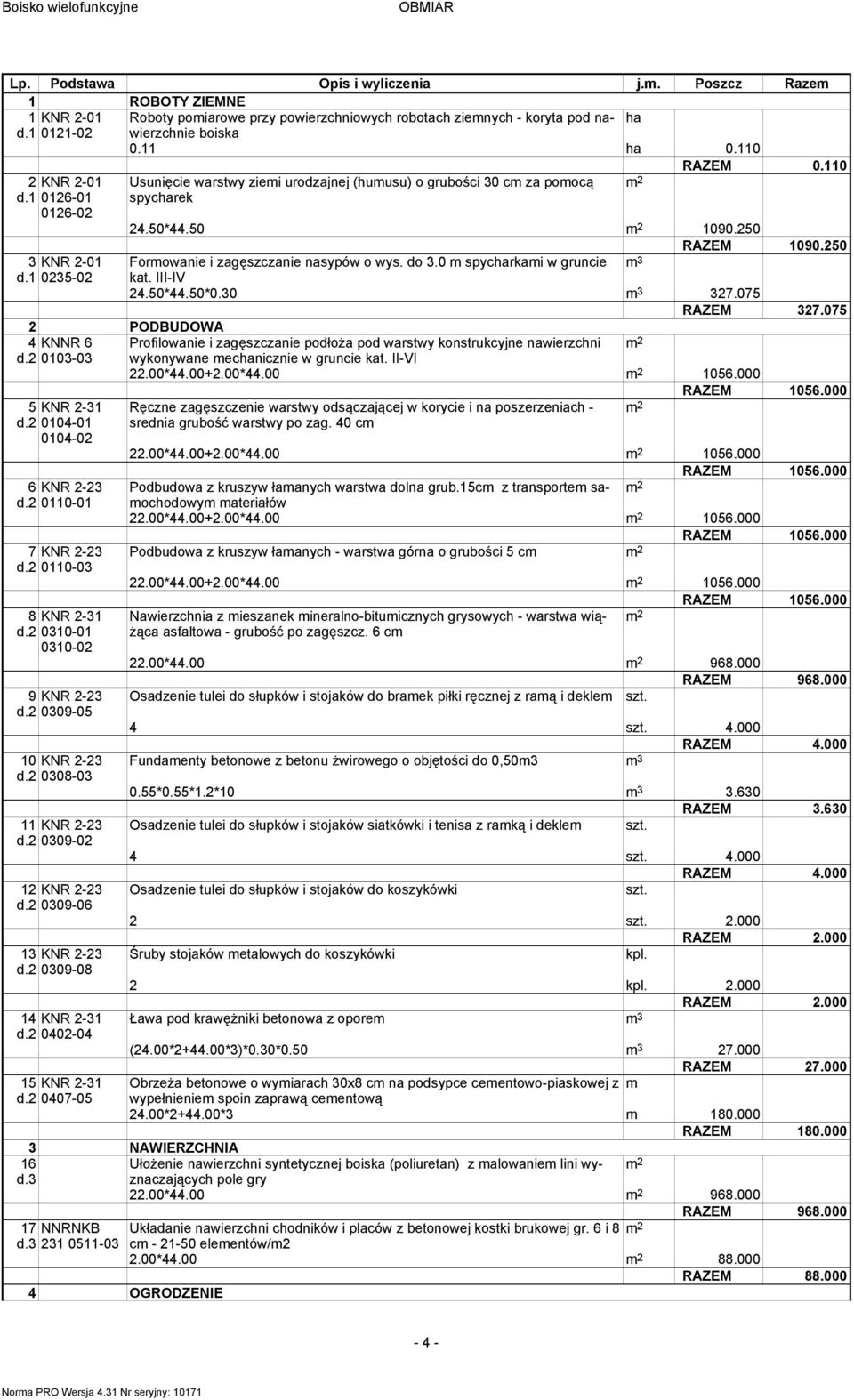 250 3 KNR 2-01 Formowanie i zagęszczanie nasypów o wys. do 3.0 m spycharkami w gruncie m 3 d.1 0235-02 kat. III-IV 24.50*44.50*0.30 m 3 327.075 RAZEM 327.