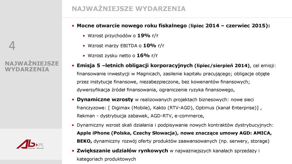 niezabezpieczone, bez kowenantów finansowych; dywersyfikacja źródeł finansowania, ograniczenie ryzyka finansowego, Dynamiczne wzrosty w realizowanych projektach biznesowych: nowe sieci franczyzowe: [