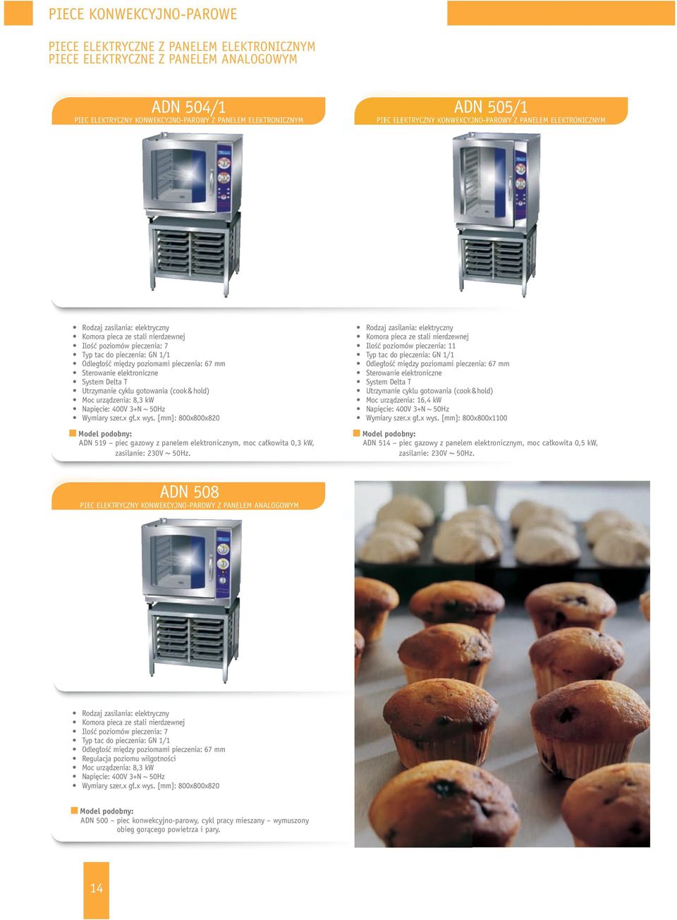 Utrzymanie cyklu gotowania (cook & hold) Moc urządzenia: 8,3 kw Wymiary szer.x gł.x wys. [mm]: 800x800x820 ADN 519 piec gazowy z panelem elektronicznym, moc całkowita 0,3 kw, zasilanie: 230V ~ 50Hz.