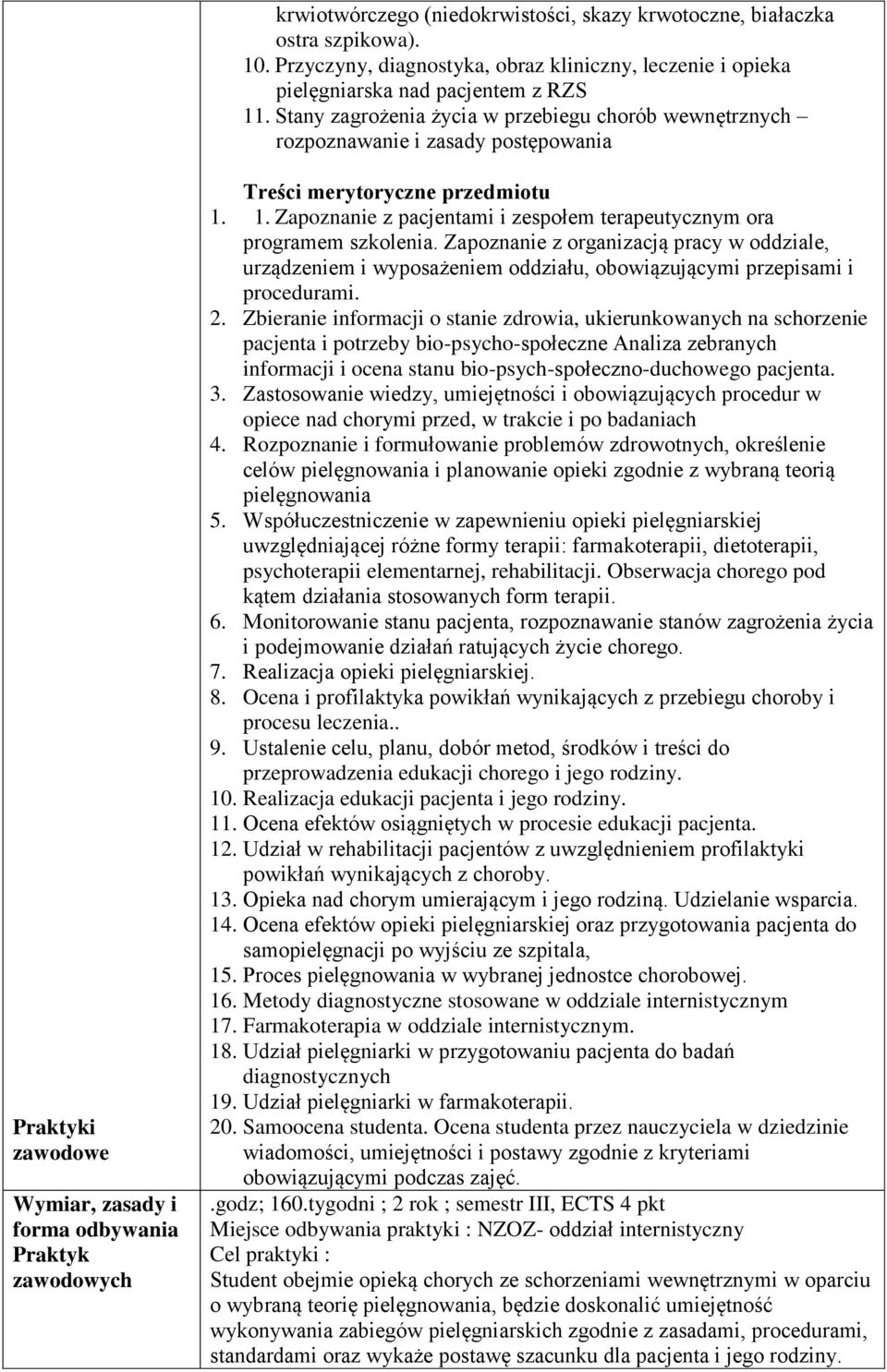 1. Zapoznanie z pacjentami i zespołem terapeutycznym ora programem szkolenia. Zapoznanie z organizacją pracy w oddziale, urządzeniem i wyposażeniem oddziału, obowiązującymi przepisami i procedurami.