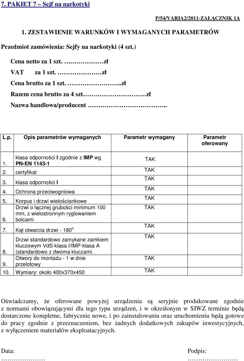 klasa odporności I zgodnie z IMP wg PN-EN 1143-1 2. certyfikat 3. klasa odporności I 4. Ochrona przeciwogniowa 5.