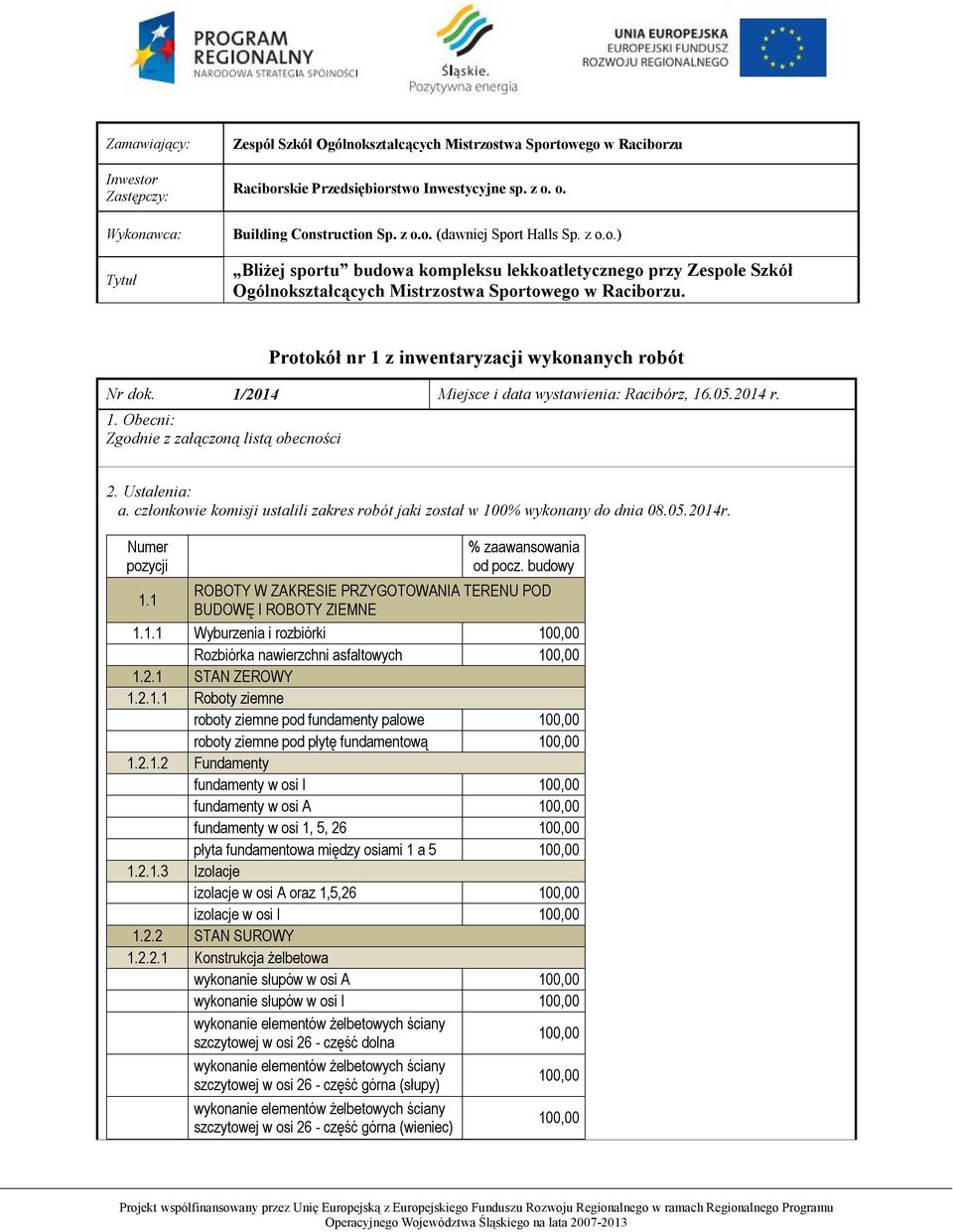 Protokół nr 1 z inwentaryzacji wykonanych robót Nr dok. 1/2014 Miejsce i data wystawienia: Racibórz, 16.05.2014 r. 1. Obecni: Zgodnie z załączoną listą obecności 2. Ustalenia: a.