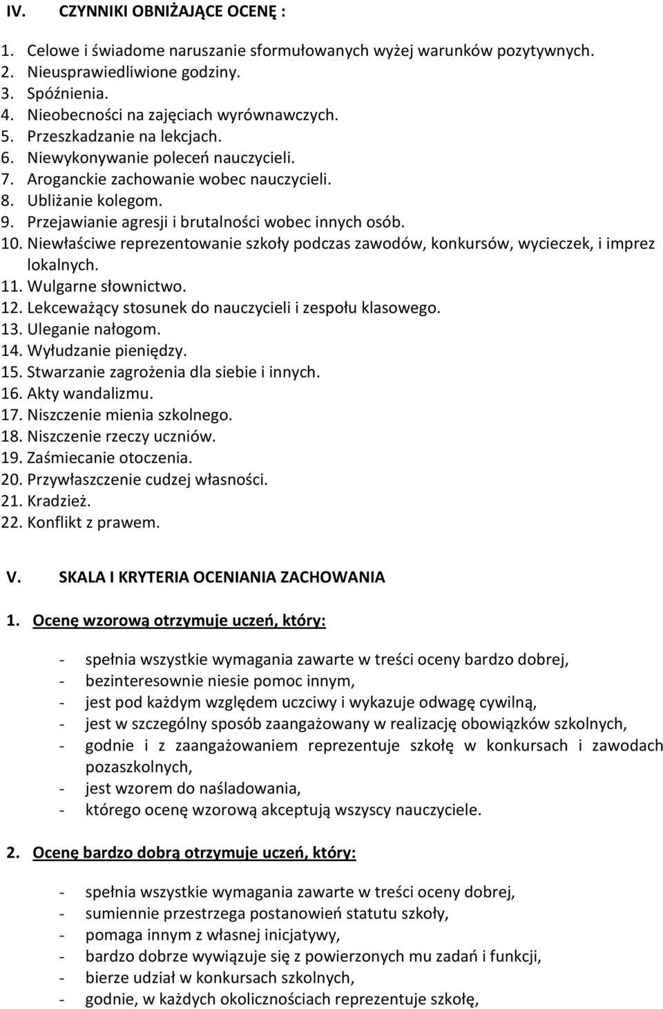 Niewłaściwe reprezentowanie szkoły podczas zawodów, konkursów, wycieczek, i imprez lokalnych. 11. Wulgarne słownictwo. 12. Lekceważący stosunek do nauczycieli i zespołu klasowego. 13.