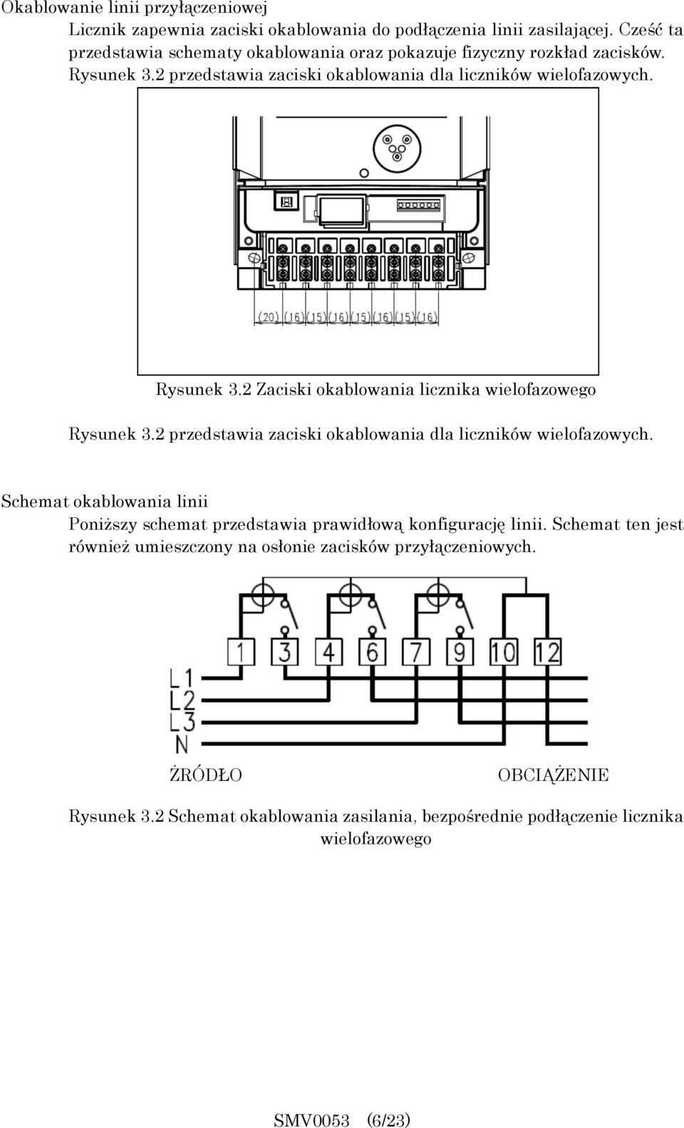 2 przedstawia zaciski okablowania dla liczników wielofazowych. Schemat okablowania linii Poniższy schemat przedstawia prawidłową konfigurację linii.
