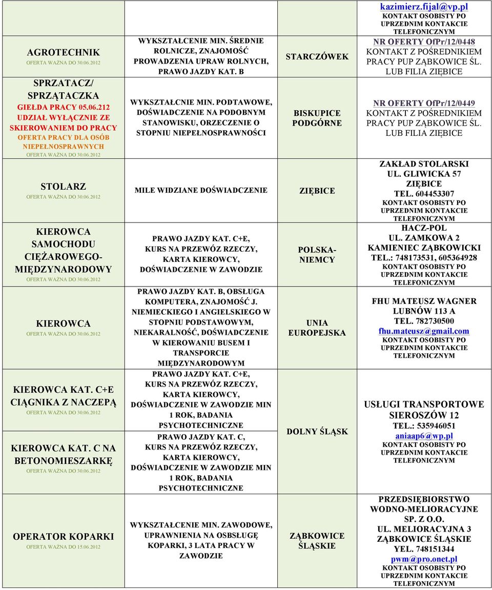 C NA BETONOMIESZARKĘ OPERATOR KOPARKI OFERTA WAŻNA DO 15.06.2012 WYKSZTAŁCENIE MIN. ŚREDNIE ROLNICZE, ZNAJOMOŚĆ PROWADZENIA UPRAW ROLNYCH, PRAWO JAZDY KAT. B WYKSZTAŁCNIE MIN.