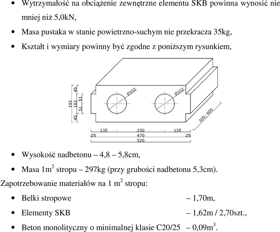 nadbetonu 4,8 5,8cm, Masa 1m 2 stropu 297kg (przy grubości nadbetonu 5,3cm).