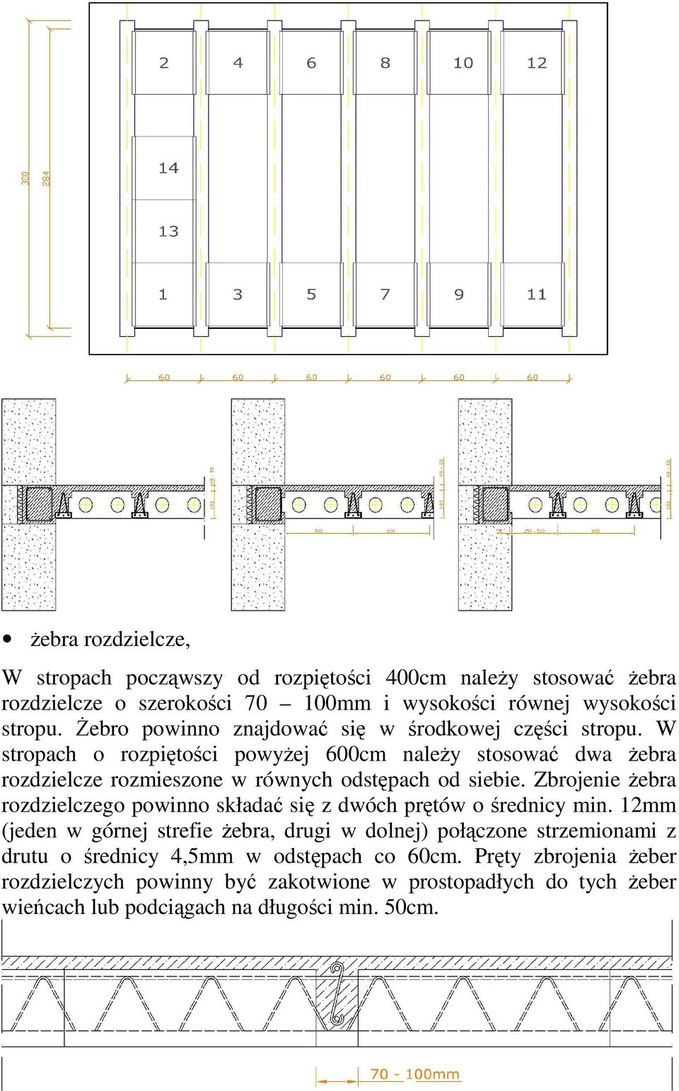 W stropach o rozpiętości powyżej 600cm należy stosować dwa żebra rozdzielcze rozmieszone w równych odstępach od siebie.