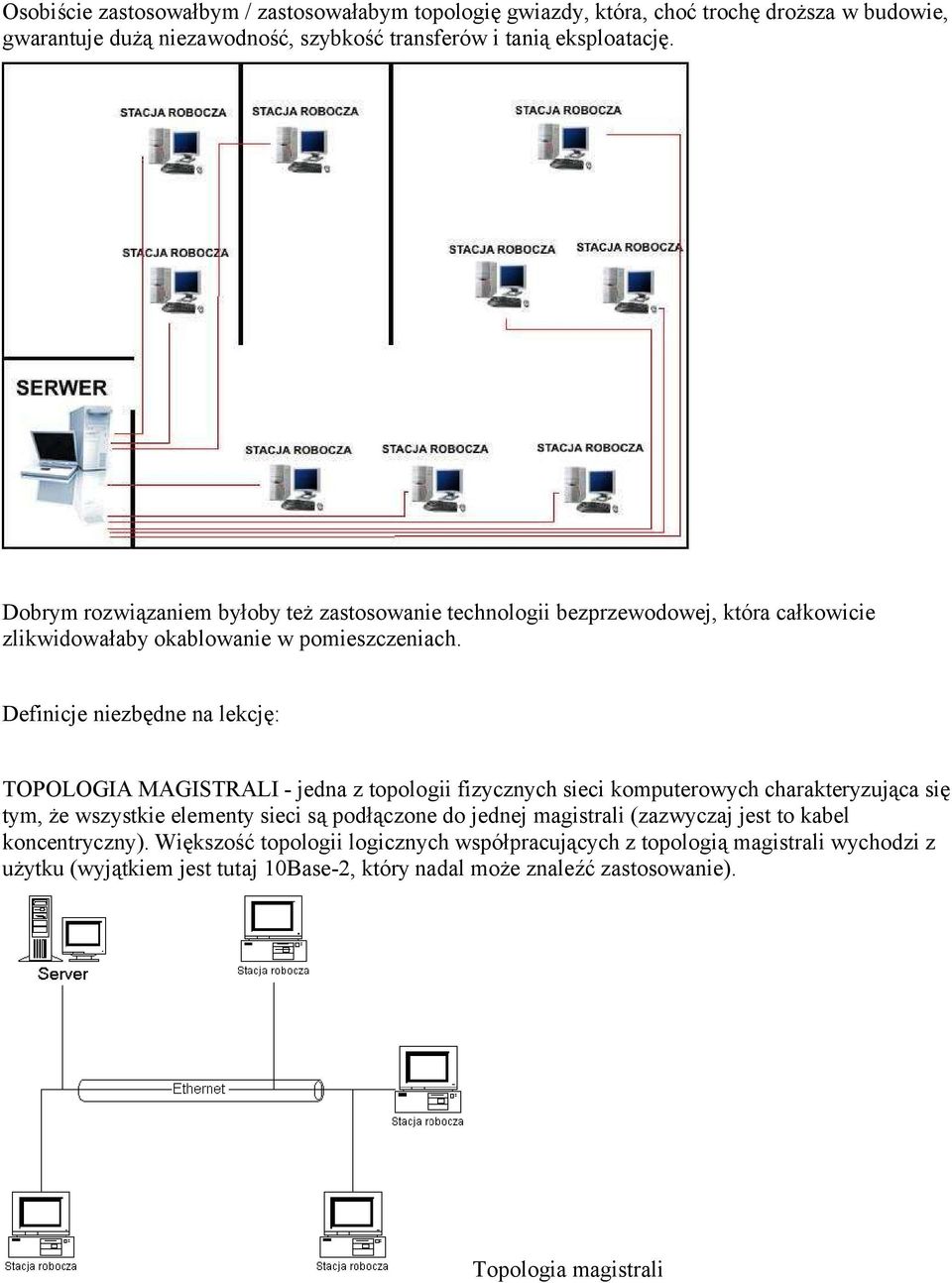 Definicje niezbędne na lekcję: TOPOLOGIA MAGISTRALI - jedna z topologii fizycznych sieci komputerowych charakteryzująca się tym, że wszystkie elementy sieci są podłączone do