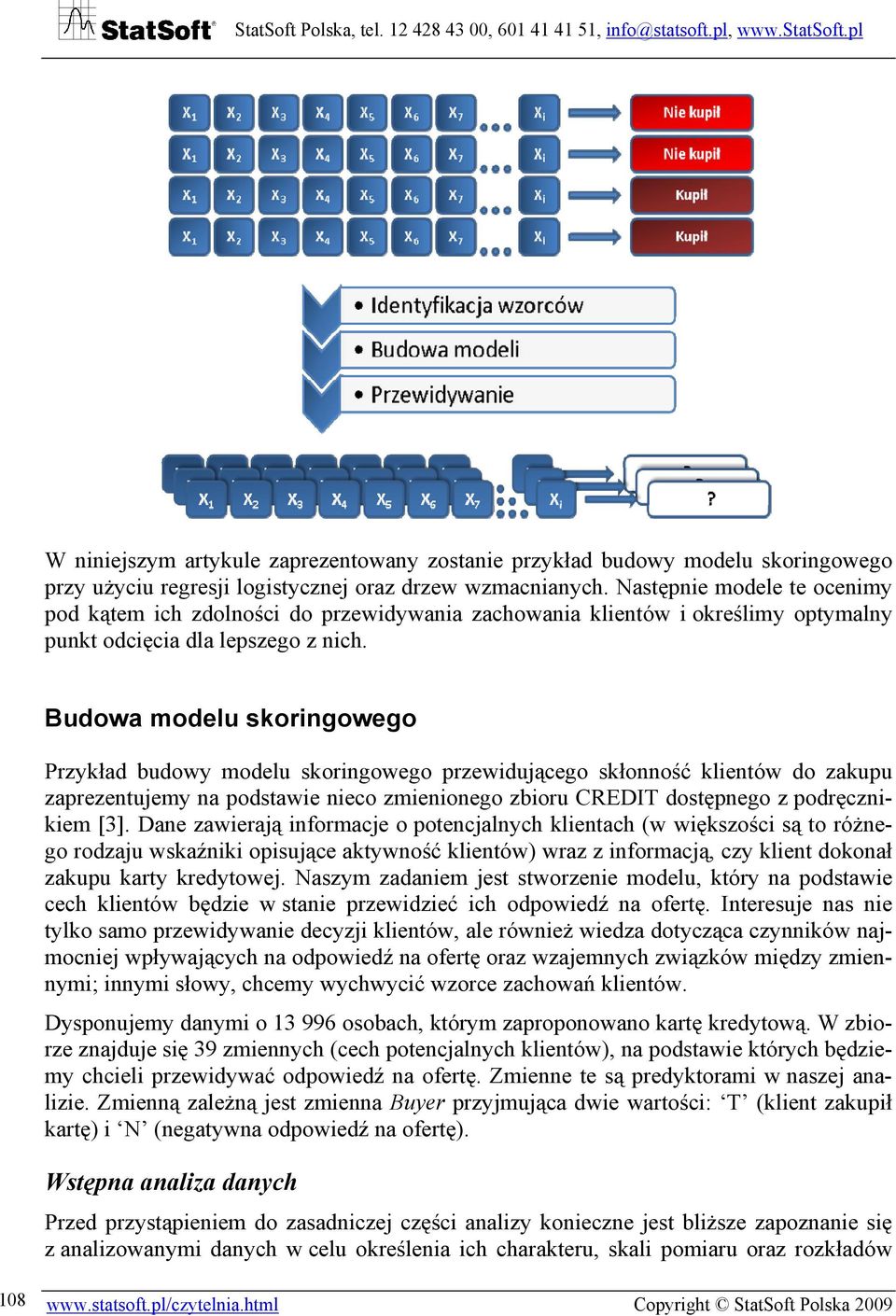 Budowa modelu skoringowego Przykład budowy modelu skoringowego przewidującego skłonność klientów do zakupu zaprezentujemy na podstawie nieco zmienionego zbioru CREDIT dostępnego z podręcznikiem [3].