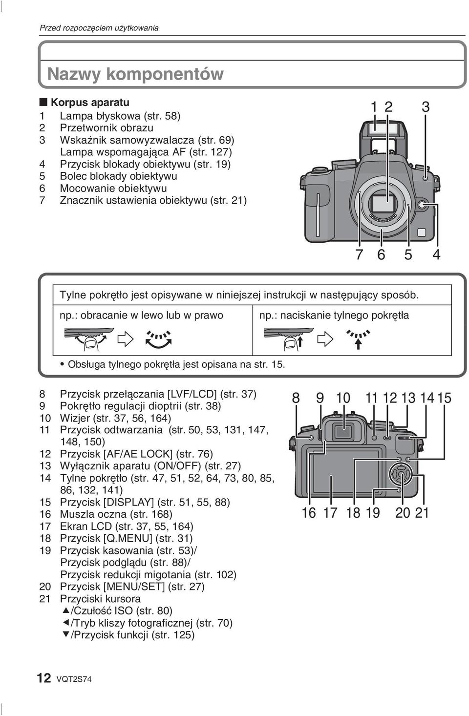 21) 1 2 3 7 6 5 4 Tylne pokrętło jest opisywane w niniejszej instrukcji w następujący sposób. np.: obracanie w lewo lub w prawo np.
