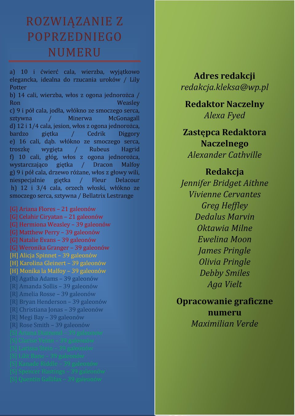 włókno ze smoczego serca, troszkę wygięta / Rubeus Hagrid f) 10 cali, głóg, włos z ogona jednorożca, wystarczająco giętka / Dracon Malfoy g) 9 i pół cala, drzewo różane, włos z głowy wili,