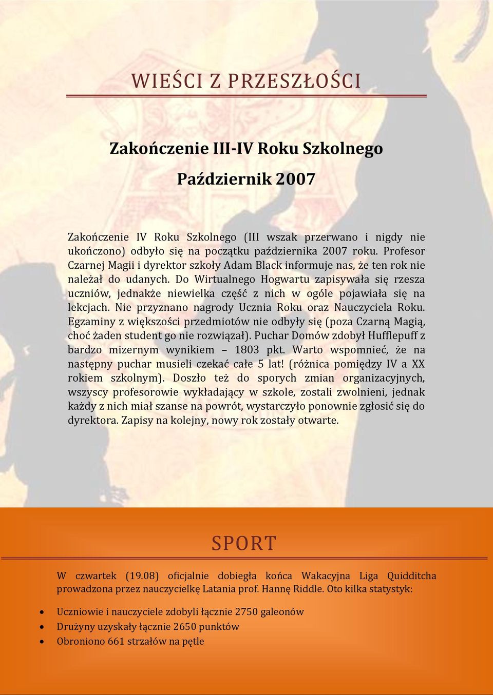 Do Wirtualnego Hogwartu zapisywała się rzesza uczniów, jednakże niewielka część z nich w ogóle pojawiała się na lekcjach. Nie przyznano nagrody Ucznia Roku oraz Nauczyciela Roku.