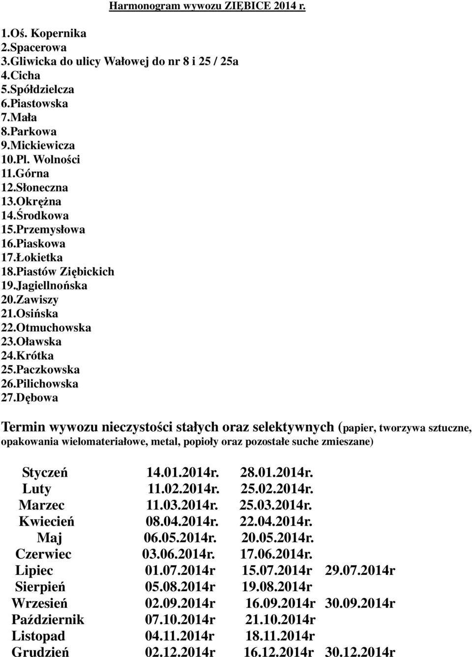 Pilichowska 27.Dębowa Termin wywozu nieczystości stałych oraz selektywnych (papier, tworzywa sztuczne, opakowania wielomateriałowe, metal, popioły oraz pozostałe suche zmieszane) Styczeń 14.01.2014r.