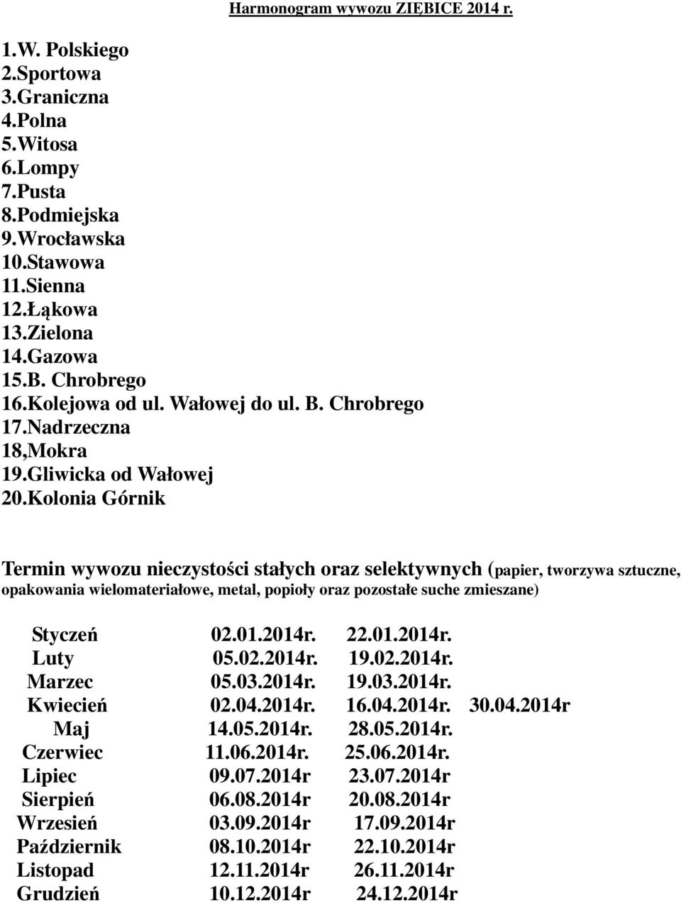 Kolonia Górnik Termin wywozu nieczystości stałych oraz selektywnych (papier, tworzywa sztuczne, opakowania wielomateriałowe, metal, popioły oraz pozostałe suche zmieszane) Styczeń 02.01.2014r.