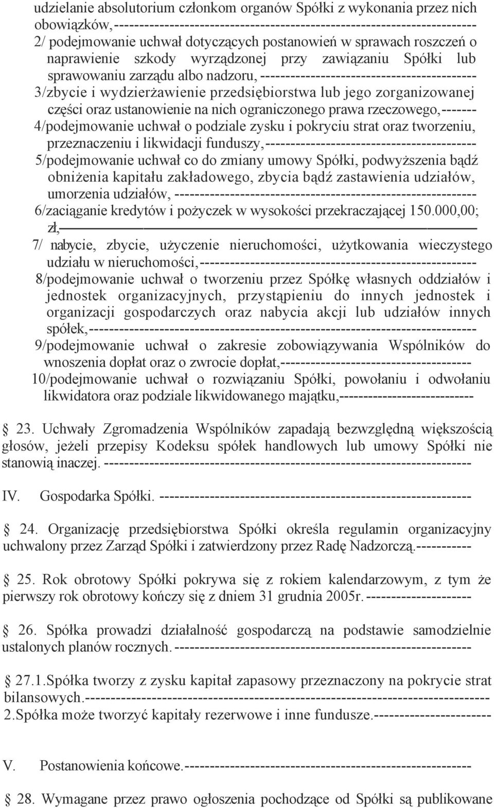 przedsiębiorstwa lub jego zorganizowanej części oraz ustanowienie na nich ograniczonego prawa rzeczowego,------- 4/podejmowanie uchwał o podziale zysku i pokryciu strat oraz tworzeniu, przeznaczeniu