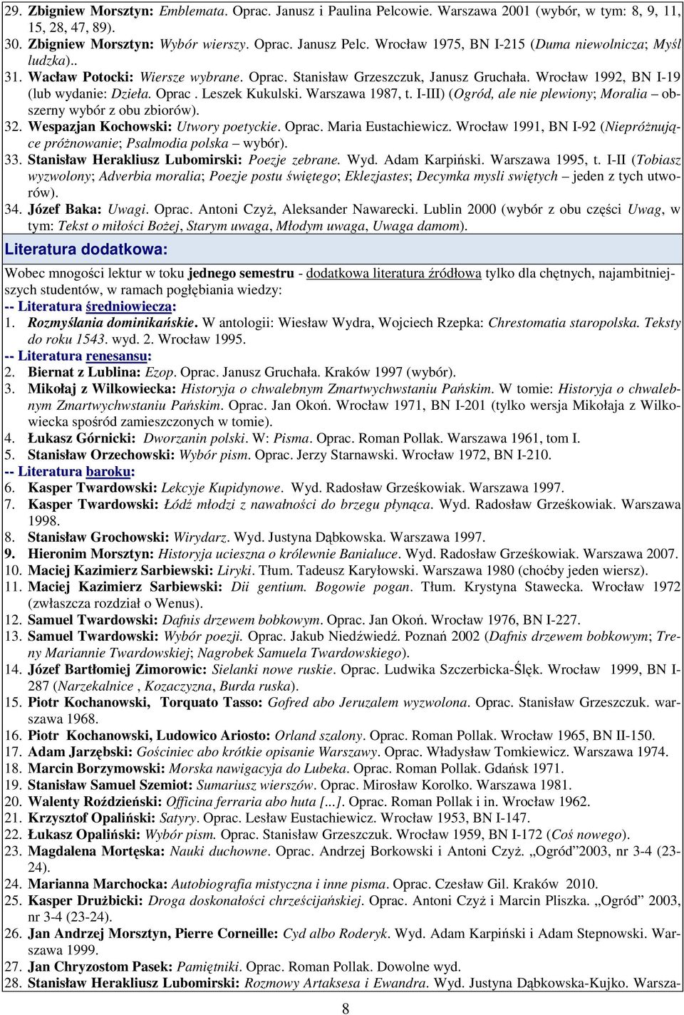 Warszawa 1987, t. I-III) (Ogród, ale nie plewiony; Moralia obszerny wybór z obu zbiorów). 32. Wespazjan Kochowski: Utwory poetyckie. Oprac. Maria Eustachiewicz.