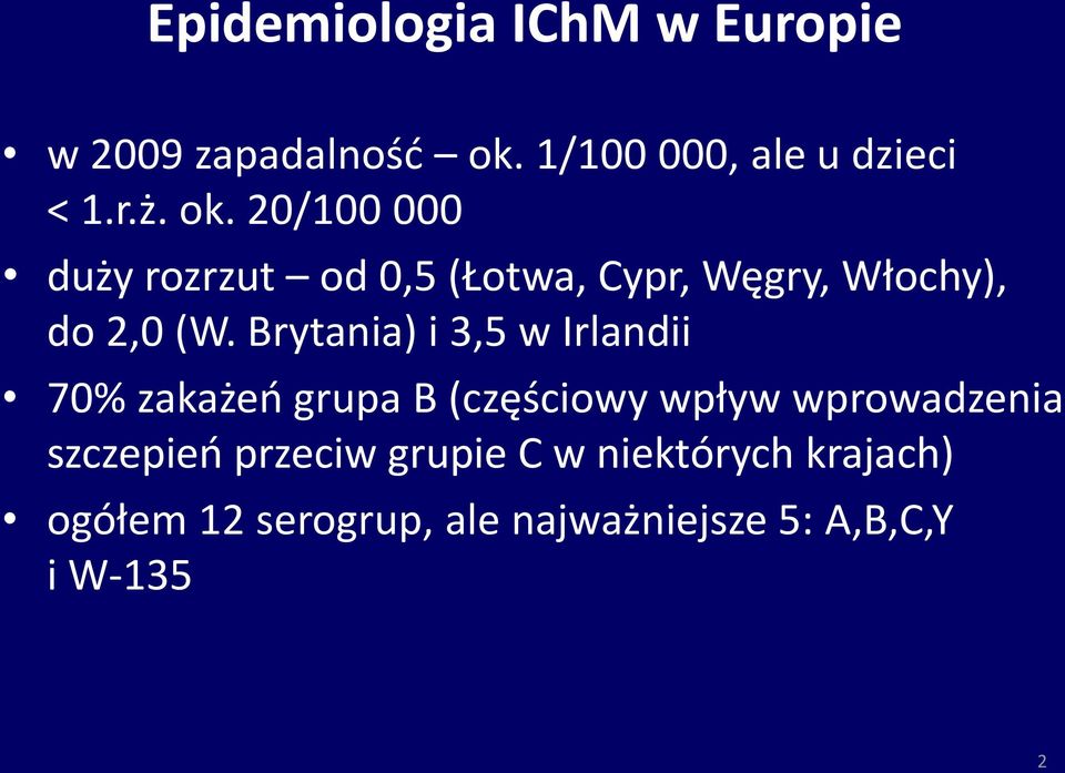 Brytania) i 3,5 w Irlandii 70% zakażeń grupa B (częściowy wpływ wprowadzenia szczepień