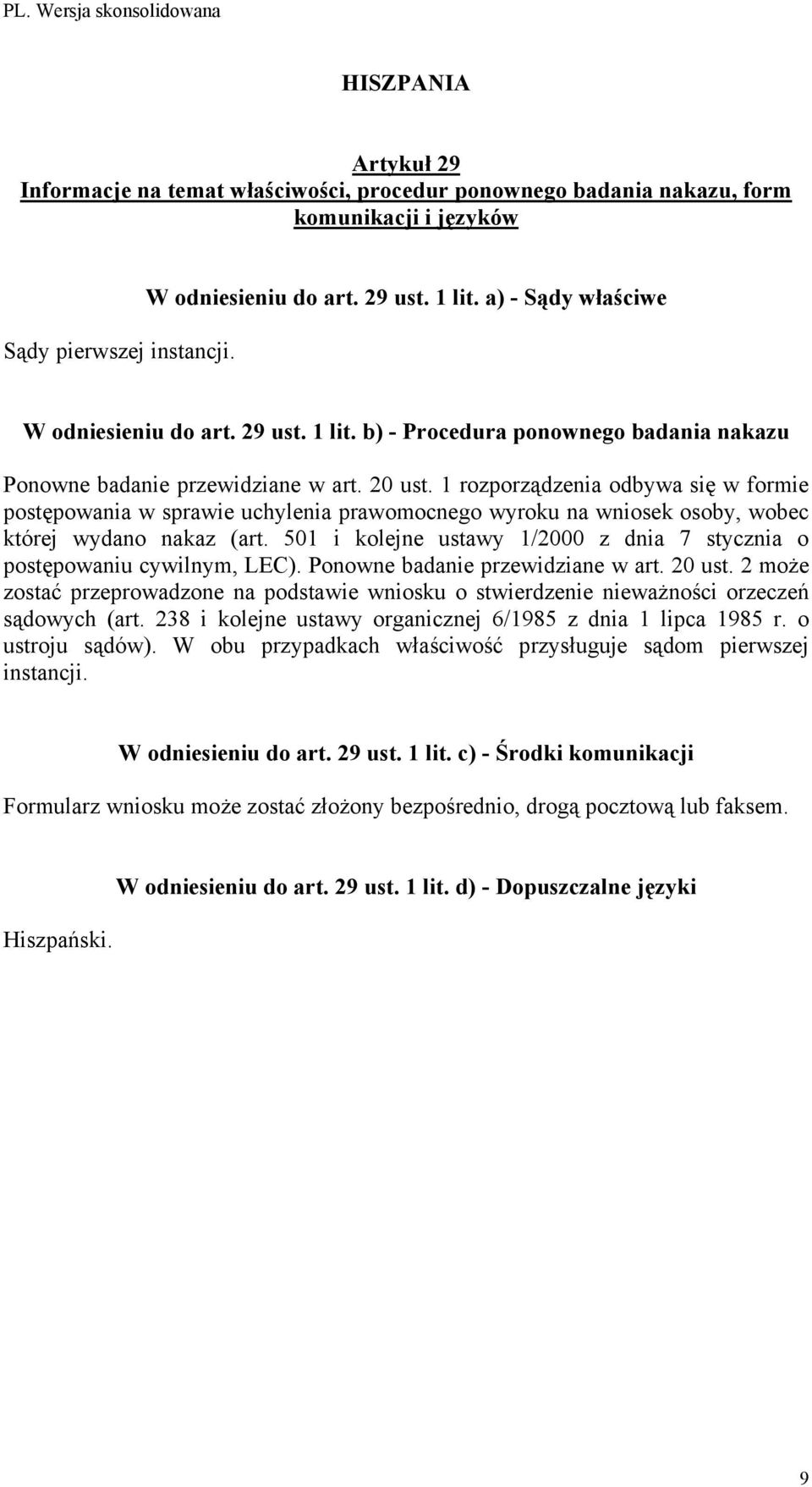 501 i kolejne ustawy 1/2000 z dnia 7 stycznia o postępowaniu cywilnym, LEC). Ponowne badanie przewidziane w art. 20 ust.