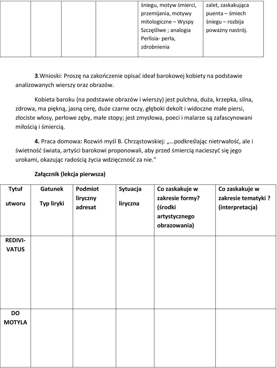 Kobieta baroku (na podstawie obrazów i wierszy) jest pulchna, duża, krzepka, silna, zdrowa, ma piękną, jasną cerę, duże czarne oczy, głęboki dekolt i widoczne małe piersi, złociste włosy, perłowe