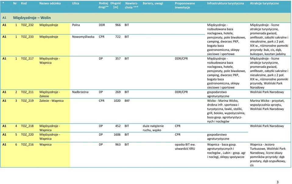 biwakowe, camping, dworzec PKP, bogata baza gastronomiczna, sklepy sieciowe i sportowe Nadbrzeżna DP 269 BIT DDR/CPR gospodarstwo agroturystyczne A1 2 TOZ_211 Międzyzdroje - Zalesie A1 3 TOZ_219