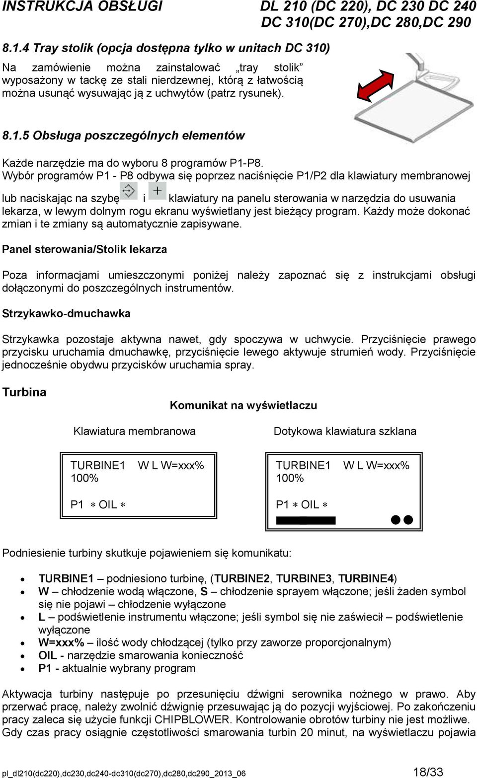 Wybór programów P1 - P8 odbywa się poprzez naciśnięcie P1/P2 dla klawiatury membranowej lub naciskając na szybę i klawiatury na panelu sterowania w narzędzia do usuwania lekarza, w lewym dolnym rogu