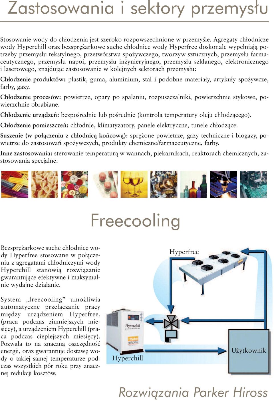 farmaceutycznego, przemysłu napoi, przemysłu in ynieryjnego, przemysłu szklanego, elektronicznego i laserowego, znajdujàc zastosowanie w kolejnych sektorach przemysłu: Chłodzenie produktów: plastik,