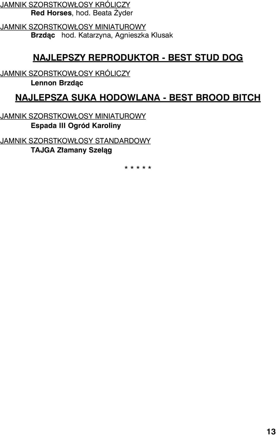 Katarzyna, Agnieszka Klusak NAJLEPSZY REPRODUKTOR - BEST STUD DOG JAMNIK SZORSTKOWŁOSY KRÓLICZY