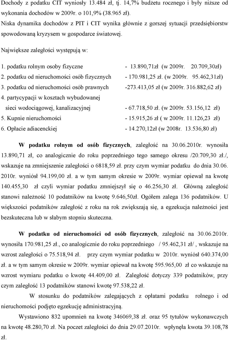 podatku rolnym osoby fizyczne - 13.890,71zł (w 2009r. 20.709,30zł) 2. podatku od nieruchomości osób fizycznych - 170.981,25 zł. (w 2009r. 95.462,31zł) 3. podatku od nieruchomości osób prawnych -273.