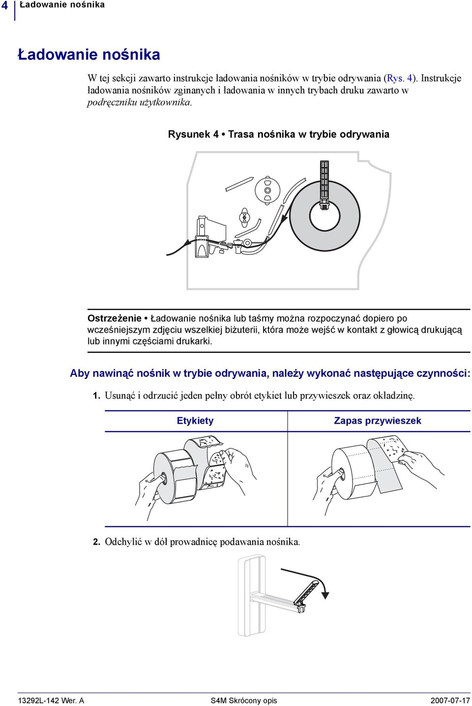 Rysunek 4 Trasa nośnika w trybie odrywania Ostrzeżenie Ładowanie nośnika lub taśmy można rozpoczynać dopiero po wcześniejszym zdjęciu wszelkiej biżuterii, która może wejść w kontakt