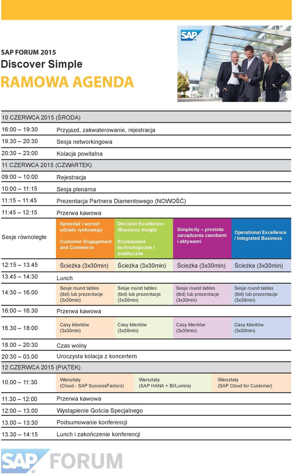 12:15 Przerwa kawowa Sesje równoległe Sprzedaż i wzrost udziału rynkowego Customer Engagement and Commerce Decision Excellence- /Business Insight Rozwiązania technologiczne i analityczne Simplicity