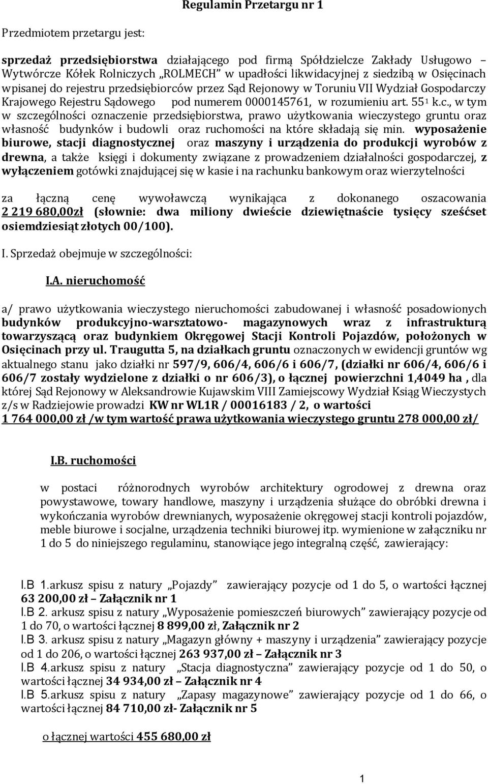 wyposażenie biurowe, stacji diagnostycznej oraz maszyny i urządzenia do produkcji wyrobów z drewna, a także księgi i dokumenty związane z prowadzeniem działalności gospodarczej, z wyłączeniem gotówki