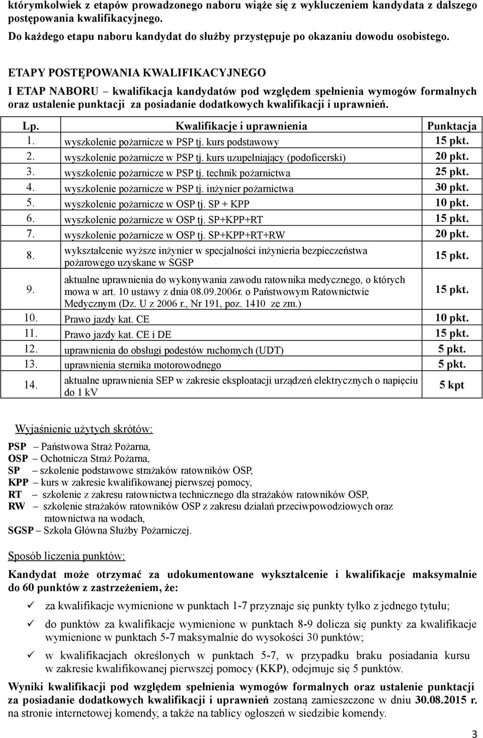 ETAPY POSTĘPOWANIA KWALIFIKACYJNEGO I ETAP NABORU kwalifikacja kandydatów pod względem spełnienia wymogów formalnych oraz ustalenie punktacji za posiadanie dodatkowych kwalifikacji i uprawnień. Lp.